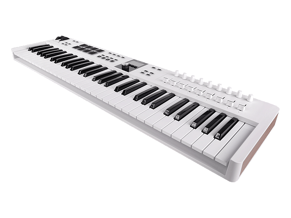 MIDI клавиатура [231531] Arturia [KeyLab Essential 61 mk3 White] 61 клавиша, LCD дисплей, 9 энкодеров, 8 пэдов, 9 фейдеров, 12 кнопок управления, колеса высоты тона и модуляции, 1/4" Jack вход для педали, MIDI выход, Type-C