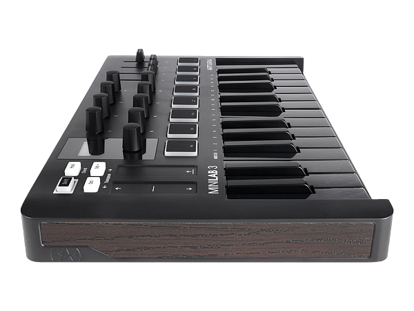 MIDI клавиатура [231503] Arturia [MiniLAB 3 Deep Black] 25 клавиш, 8 энкодеров, 8 RGB пэдов, 8 фейдеров, дисплей, сенсорные регуляторы Pitch/Modulation, MIDI-выход, 1/4" Jack вход педали, режим Chord, арпеджиатор, USB-C
