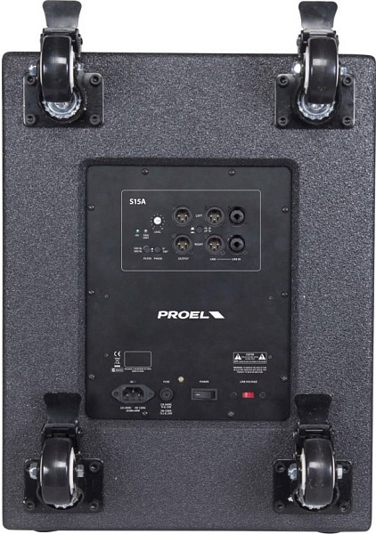 Активный сабвуфер PROEL [S15A] НЧ динамик 15", мощность пик. 1200 Вт, мощность ном. 600 Вт, АЧХ 40-160 Гц, макс. SPL 129 дБ, 2x Combo XLR/TRS входа, 2x XLR-M выхода, 2x XLR-M LINK, корпус фанера 15/18 мм, ручки для переноски 2 шт., гнездо для стойки