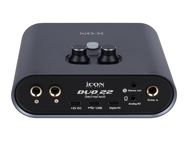 Аудиоинтерфейс USB [110313A2003] Icon [Duo22 Dyna B] АЦП/ЦАП: 24 бит/192 кГц, 127 дБ, входы/выходы: Combo XLR/TRS, 1/4" TS/ 2х1/4" TRS, 1/8" mini Jack стерео, 1/4" TRS стерео выход на наушники, USB-C, +48 В, цвет черный