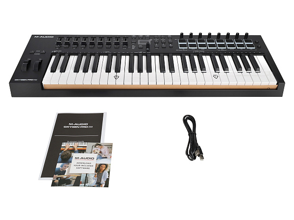 MIDI клавиатура [OXYGENPRO49] M-audio [Oxygen Pro 49] 49 клавиш, 8 энкодеров, 9 фейдеров, 16 пэдов, 12 кнопок управления, колеса высоты тона и модуляции, smart control, auto-mapping, встроенный арпеджиатор, 1/4" Jack вход для педали сустейна, MIDI выход
