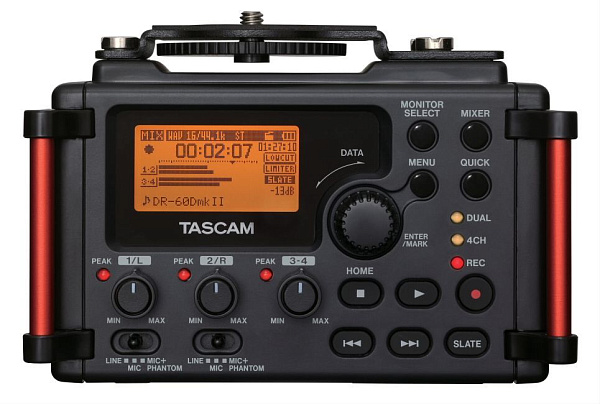 Рекордер мобильный [DR60DMK2] Tascam [DR-60DMK2] 4-х канальный, АЦП/ЦАП: 24 бит/96 кГц, 20-20000 Гц, THD: 0,02%, S/N: 92 дБ, 2xCombo XLR/TRS Jack, 2x1/8" mini Jack / 3x1/8" mini Jack, память: micro SD/SDHC, питание: 4 батареи АА, USB Mini-B