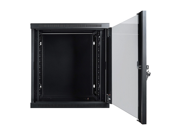 Настенный шкаф Wize Pro [W12UQSR] 19", 12U, быстрая сборка без инструментов, 600х600 мм, стеклянная передняя дверь, задняя стенка металлическая, неоткидная, макс. вес нагрузки 50 кг, сталь, черный
