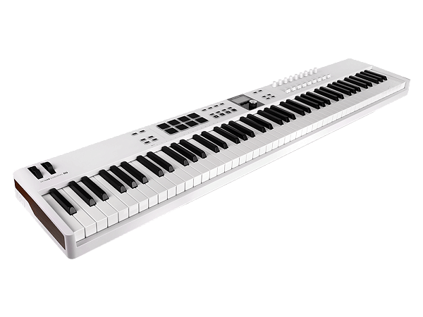 MIDI клавиатура [231541] Arturia [KeyLab Essential 88 mk3 White] 88 клавиш, LCD дисплей, 9 энкодеров, 8 пэдов, 9 фейдеров, 12 кнопок управления, колеса высоты тона и модуляции, 1/4" Jack вход для педали, MIDI выход, Type-C