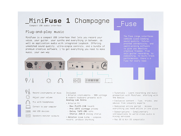 Аудиоинтерфейс USB [800121] Arturia [MiniFuse 1 Champagne] 24бит/192кГц, комбинированный разъем XLR и 6.3 мм для записи инструментов и вокала с фантомным питанием 48 В, выходы на монитор (L/R Jack), выход для наушников