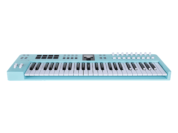 MIDI клавиатура [231524] Arturia [KeyLab Essential 49 mk3 Aquamarine] 49 клавиш, LCD дисплей, 9 энкодеров, 8 пэдов, 9 фейдеров, 12 кнопок управления, колеса высоты тона и модуляции, 1/4" Jack вход для педали, MIDI выход, Type-C