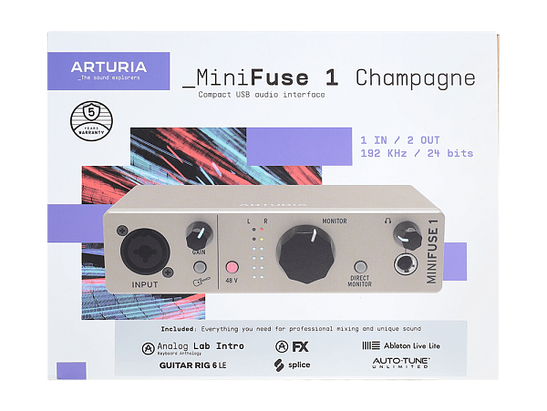 Аудиоинтерфейс USB [800121] Arturia [MiniFuse 1 Champagne] 24бит/192кГц, комбинированный разъем XLR и 6.3 мм для записи инструментов и вокала с фантомным питанием 48 В, выходы на монитор (L/R Jack), выход для наушников