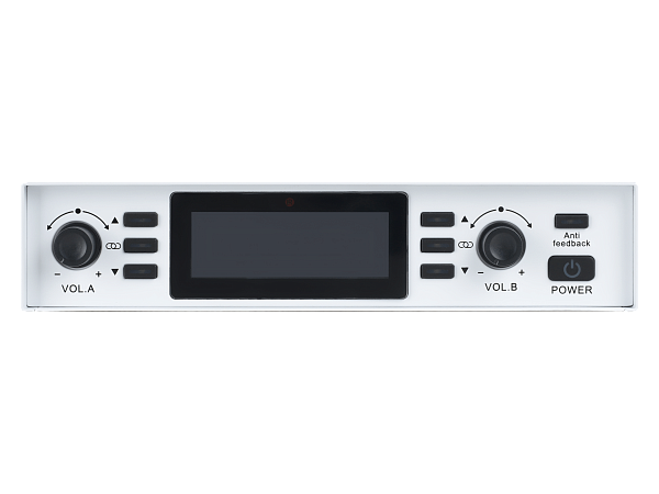 Микрофонная радиосистема Axelvox [DX800SW] UHF 650 - 758 MHz, подавитель обратной связи, цифровая модуляция, LCD дисплей, DSP, ручной микрофон - 2 шт., силиконовые кольца - 2 шт., держатель для микрофона - 2 шт., цвет белый.