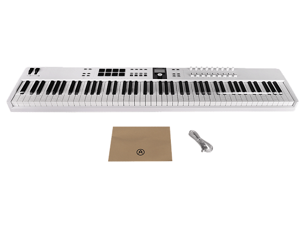 MIDI клавиатура [231541] Arturia [KeyLab Essential 88 mk3 White] 88 клавиш, LCD дисплей, 9 энкодеров, 8 пэдов, 9 фейдеров, 12 кнопок управления, колеса высоты тона и модуляции, 1/4" Jack вход для педали, MIDI выход, Type-C