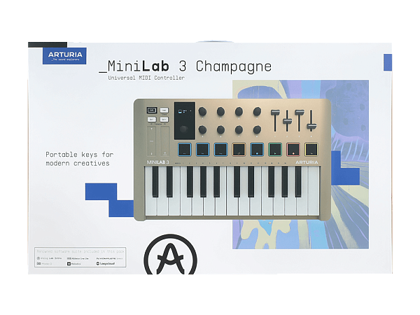 MIDI клавиатура [231508] Arturia [MiniLAB 3 Champagne] 25 клавиш, 8 энкодеров, 8 RGB пэдов, 8 фейдеров, дисплей, сенсорные регуляторы Pitch/Modulation, MIDI-выход, 1/4" Jack вход педали, режим Chord, арпеджиатор, USB-C