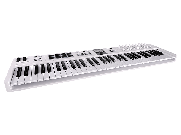 MIDI клавиатура [231531] Arturia [KeyLab Essential 61 mk3 White] 61 клавиша, LCD дисплей, 9 энкодеров, 8 пэдов, 9 фейдеров, 12 кнопок управления, колеса высоты тона и модуляции, 1/4" Jack вход для педали, MIDI выход, Type-C