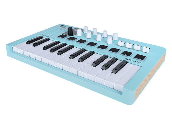 MIDI клавиатура [231599] Arturia [MiniLAB 3 Aquamarine] 25 клавиш, 8 энкодеров, 8 RGB пэдов, 8 фейдеров, дисплей, сенсорные регуляторы Pitch/Modulation, MIDI-выход, 1/4" Jack вход педали, режим Chord, арпеджиатор, USB-C
