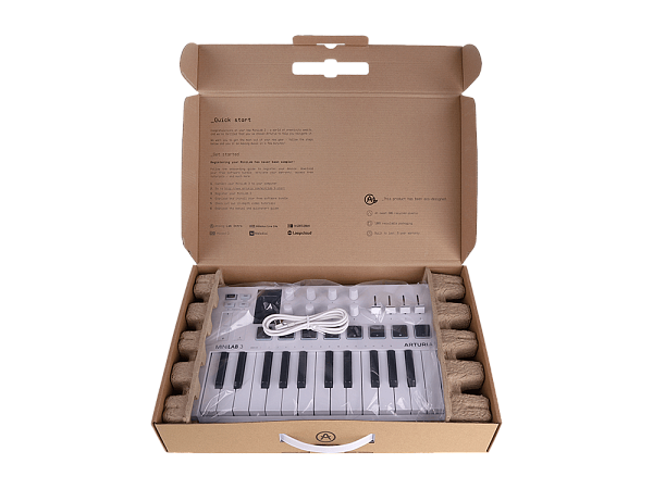 MIDI клавиатура [231501] Arturia [MiniLAB 3] 25 клавиш, 8 энкодеров, 8 RGB пэдов, 8 фейдеров, дисплей, сенсорные регуляторы Pitch/Modulation, MIDI-выход, 1/4" Jack вход педали, режим Chord, арпеджиатор, USB-C