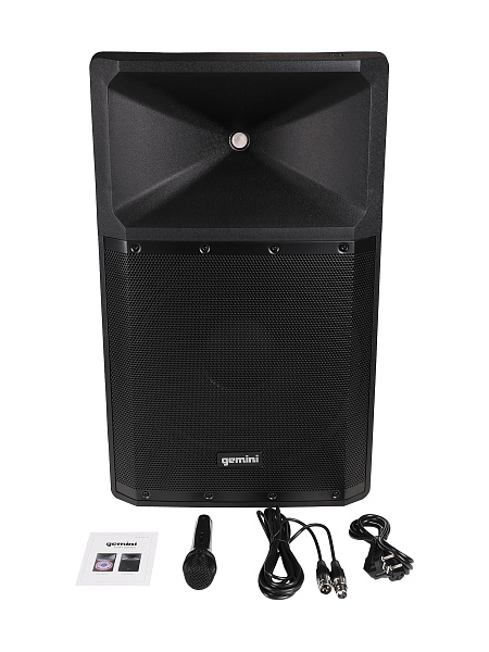 Акустическая система Gemini [GSP-2200] Активная, 2-х полосная, RMS/Peak 550/2200 Вт, АЧХ 40-20000 Гц, SPL 114 дБ, 15" ВЧ, 1,35" ВЧ, вх.: (2) XLR Mic, (2) 1/4" TRS Mic, 1/8” TRS AUX, RCA (L/R) AUX, XLR, вых.: XLR Mix, USB, SD, FM, Bluetooth