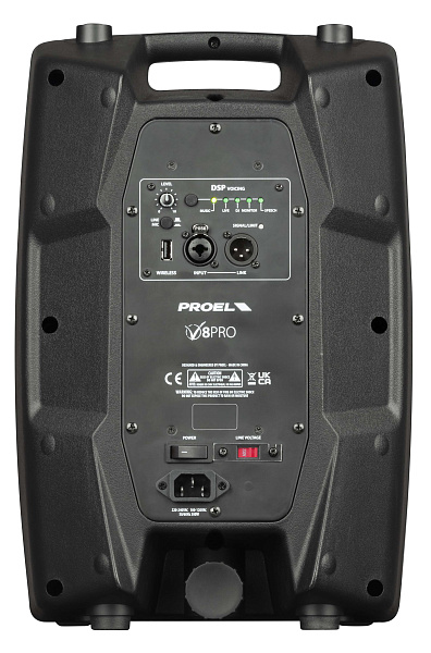 Активная акустическая система PROEL [V8PRO] 2-х полосная, НЧ динамик 8", ВЧ динамик 1", DSP, мощность пик./ном. 600/300 Вт, АЧХ 70-20000 Гц, макс. SPL 122 дБ, Combo XLR/TRS мик./лин. вход, XLR лин. выход, USB-A порт для радиосистем U24B/U24H
