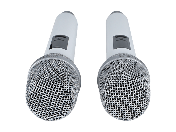 Микрофонная радиосистема Axelvox [DX800SW] UHF 650 - 758 MHz, подавитель обратной связи, цифровая модуляция, LCD дисплей, DSP, ручной микрофон - 2 шт., силиконовые кольца - 2 шт., держатель для микрофона - 2 шт., цвет белый.