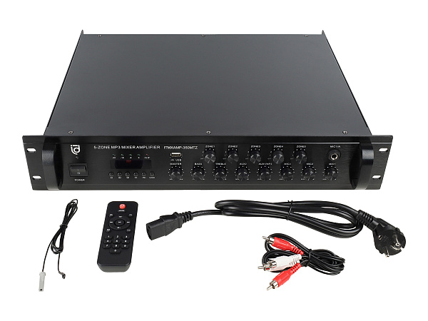 Микшер-усилитель Intrend [ITMXAMP-350MTZ] зональный, 5 зон. MP3, FM-тюнер, USB, Bluetooth, 3хMic/2хLine входы, 1хLine выход, 350 Вт, 4-16 Ом/100V, IR-пульт в комплекте