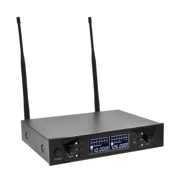 Микрофонная радиосистема Axelvox [DWS7000HT (LT Bundle)] UHF 710-726 MHz, 2 x 32 канала, LCD дисплей, 2х ИК порт, 2x поясных передатчика, 2x головной микрофон, 2x петличный микрофон