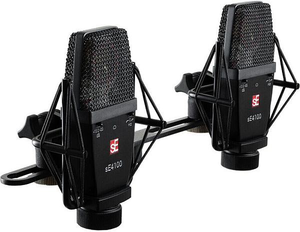 Микрофон конденсаторный sE Electronics [SE 4100 Pair] подобранная пара универсальных студийных конденсаторных микрофонов с большой диафрагмой 1", 20 Гц - 20 кГц, кардиоида, комплектация: два держателя "паук", два резьбовых адаптера, планка для крепления