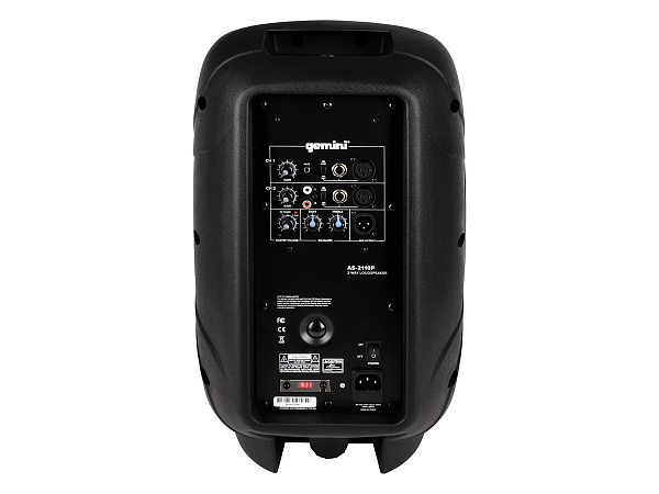 Акустическая система Gemini [AS-2110P] Активная, 2-х полосная, мощность RMS/Peak 500/1000 Вт, АЧХ 55-20000 Гц, Max SPL 100 дБ, динамики: 10" НЧ, 1" ВЧ, входы: 1/8" TRS AUX, RCA (L/R) AUX, 2xXLR микрофонные, 2x1/4" линейные, выходы: XLR Mix
