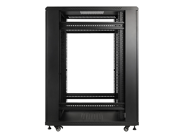 Рэковая стойка Wize Pro [W27U100R-M] 19”, 27U, 600х1000 мм, передняя и задняя двери металлические перфорированные, колеса, рэковые гайки: 20 шт, макс. вес нагрузки 800 кг, сталь, черный (3 места)
