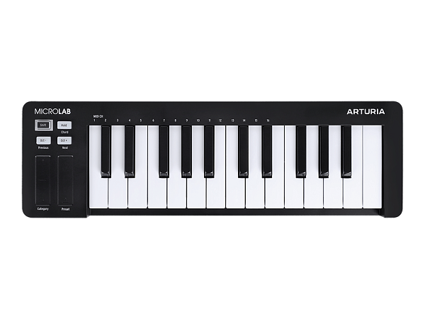 MIDI клавиатура [231512] Arturia [MicroLab 3 Black] 25 клавиш, чувствительных к скорости нажатия, сенсорные полосы pitch и modulation, режим игры аккордами, разъем для подключения педали, type-c, ПО: Analog Lab Intro, Ableton Live Lite. Цвет - черный.