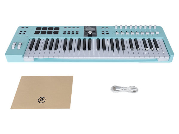 MIDI клавиатура [231524] Arturia [KeyLab Essential 49 mk3 Aquamarine] 49 клавиш, LCD дисплей, 9 энкодеров, 8 пэдов, 9 фейдеров, 12 кнопок управления, колеса высоты тона и модуляции, 1/4" Jack вход для педали, MIDI выход, Type-C
