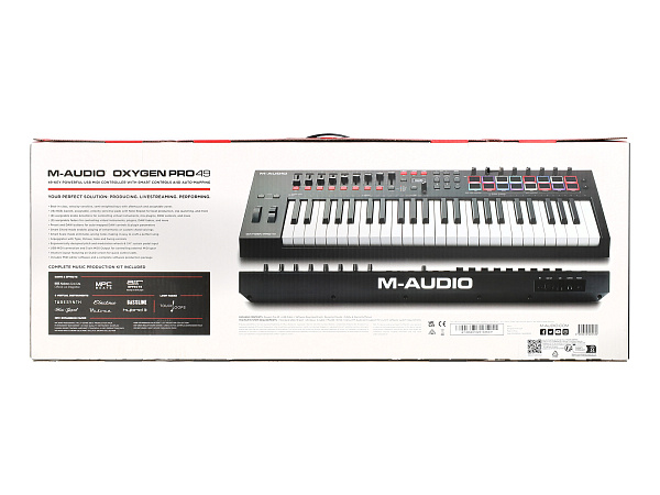 MIDI клавиатура [OXYGENPRO49] M-audio [Oxygen Pro 49] 49 клавиш, 8 энкодеров, 9 фейдеров, 16 пэдов, 12 кнопок управления, колеса высоты тона и модуляции, smart control, auto-mapping, встроенный арпеджиатор, 1/4" Jack вход для педали сустейна, MIDI выход
