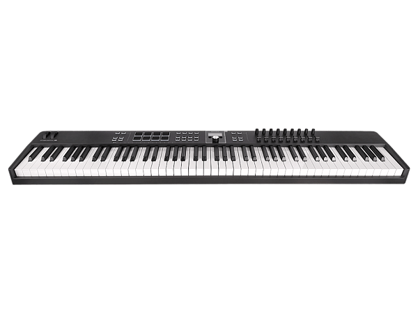 MIDI клавиатура [231542] Arturia [KeyLab Essential 88 mk3 Black] 88 клавиш, LCD дисплей, 9 энкодеров, 8 пэдов, 9 фейдеров, 12 кнопок управления, колеса высоты тона и модуляции, 1/4" Jack вход для педали, MIDI выход, Type-C