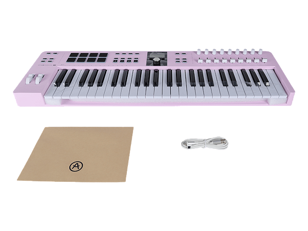 MIDI клавиатура [231525] Arturia [KeyLab Essential 49 mk3 Rose Quartz] 49 клавиш, LCD дисплей, 9 энкодеров, 8 пэдов, 9 фейдеров, 12 кнопок управления, колеса высоты тона и модуляции, 1/4" Jack вход для педали, MIDI выход, Type-C