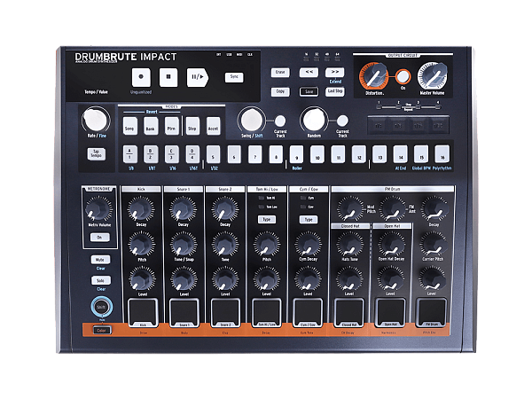 Микшер (драм машина) [561101] Arturia [DrumBrute Impact] аналоговый, 10 барабанов и перкуссии, 64-шаговый секвенсор, функции Swing, Step Repeat, Roller, Looper, 4x1/8" mini Jack выхода: стерео выход для наушников 1/8" mini Jack, 1/4" TRS Jack Mix Out, MI