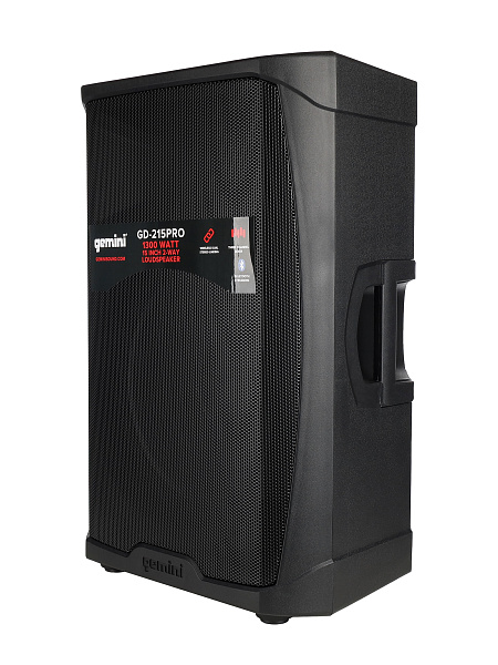 Акустическая система Gemini [GD-215PRO] Активная, 2-х полосная, мощность RMS/Peak 280/1300 Вт, Max Peak SPL 120 Вт, динамики: 15" НЧ, 1,35" ВЧ, входы: 1/8” TRS AUX, 2x 1/4" TRS, 2x XLR, 2x RCA AUX, выходы: XLR Mix Out, Bluetooth, микрофон