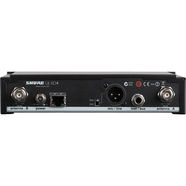 Цифровой двухканальный приемник SHURE [ULXD4DE=-G65] съемные антенны, крепление в рек, Dante, 470 - 606 МГц