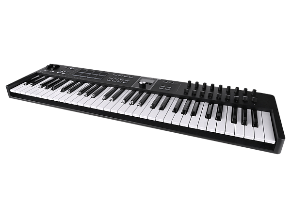 MIDI клавиатура [231532] Arturia [KeyLab Essential 61 mk3 Black] 61 клавиша, LCD дисплей, 9 энкодеров, 8 пэдов, 9 фейдеров, 12 кнопок управления, колеса высоты тона и модуляции, 1/4" Jack вход для педали, MIDI выход, Type-C
