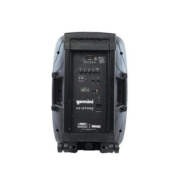 Акустическая система Gemini [AS-12TOGO] Активная, 2-х полосная, RMS/Peak 500/1500 Вт, АЧХ 50-20000 Гц, SPL 104 дБ, 12" НЧ, 2,5" ВЧ, входы: RCA (L/R) AUX, 1/8" TRS AUX, 1/4" TS микр., 1/4" TS гитар., выходы: RCA (L/R), USB, SD, Bluetooth