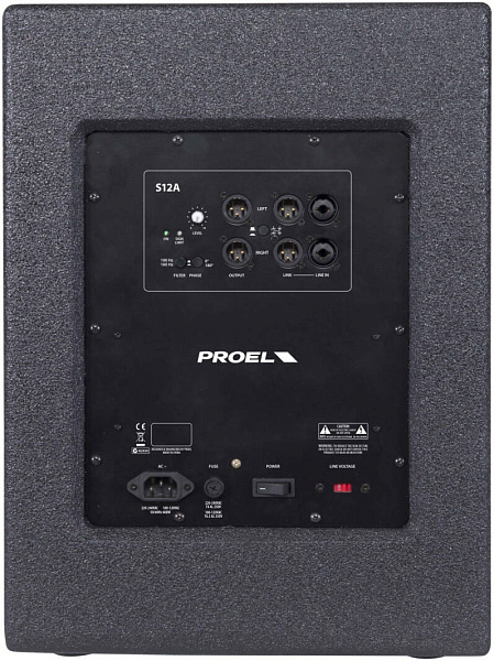 Активный сабвуфер PROEL [S12A] НЧ динамик 12", мощность пик. 1200 Вт, мощность ном. 600 Вт, АЧХ 43-160 Гц, макс. SPL 127 дБ, 2x Combo XLR/TRS входа, 2x XLR-M выхода, 2x XLR-M LINK, корпус фанера 15/18 мм, ручки для переноски 2 шт., гнездо для стойки