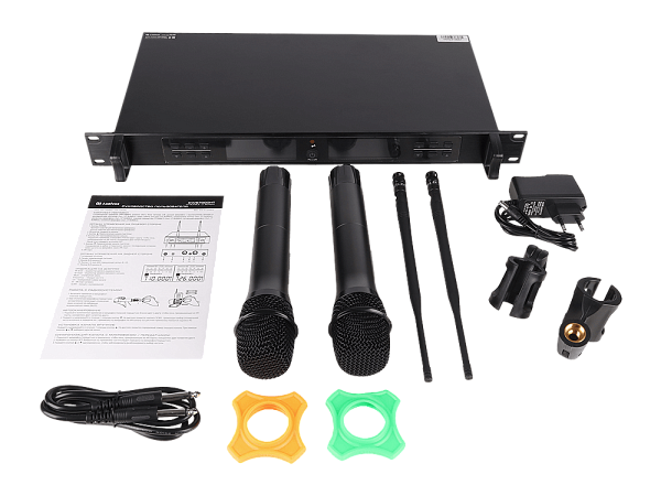 Микрофонная радиосистема Axelvox [DWS7000HT (RT Bundle)] UHF 710-726 MHz, 2 х 32 канала,LCD дисплей, 2х ИК порт, 2 ручных микрофона, 2 держателя на стойку, 2 силиконовых кольца, рэковый приемник