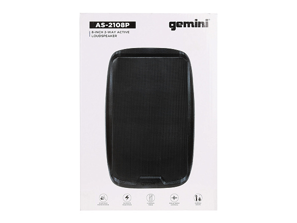 Акустическая система Gemini [AS-2108P] Активная, 2-х полосная, мощность RMS/Peak 250/500 Вт, АЧХ 60-20000 Гц, Max SPL 98 дБ, динамики: 8" НЧ, 1" ВЧ, входы: 1/8" TRS AUX, RCA (L/R) AUX, 2xXLR микрофонные, 2x1/4" линейные, выходы: XLR Mix
