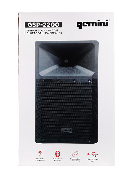 Акустическая система Gemini [GSP-2200] Активная, 2-х полосная, RMS/Peak 550/2200 Вт, АЧХ 40-20000 Гц, SPL 114 дБ, 15" ВЧ, 1,35" ВЧ, вх.: (2) XLR Mic, (2) 1/4" TRS Mic, 1/8” TRS AUX, RCA (L/R) AUX, XLR, вых.: XLR Mix, USB, SD, FM, Bluetooth