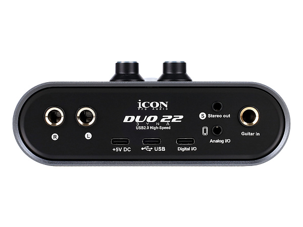 Аудиоинтерфейс USB [110313A2003] Icon [Duo22 Dyna B] АЦП/ЦАП: 24 бит/192 кГц, 127 дБ, входы/выходы: Combo XLR/TRS, 1/4" TS/ 2х1/4" TRS, 1/8" mini Jack стерео, 1/4" TRS стерео выход на наушники, USB-C, +48 В, цвет черный