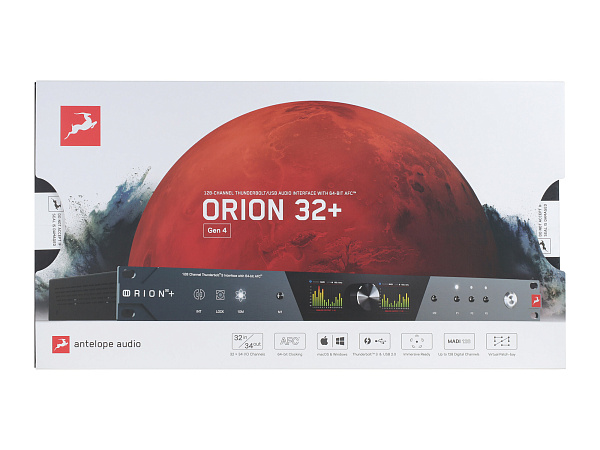 Аудиоинтерфейс Antelope Audio [Orion 32+ | Gen 4] 24 бит 192 кГц, AFC: 64-бит, 32 входа, 32 выхода, динамический диапазон до 130 дБ, 128 каналов оптического MADI, 8 каналов ADAT и 2 канала S/PDIF, Вход word clock, 2х word clock, вход 10M, Thunderbolt 3