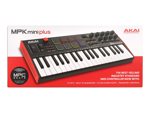 MIDI клавиатура [MPKMINIPLUS] AKAI [MPK Mini Plus] 37 мини-клавиш,  8 пэдов с RGB, 8 энкодеров, шаговый секвенсор, арпеджиатор, колесо pitch и modulation, OLED дисплей, выходы: CV/Gate: 3 x 1/8” Pitch/Gate/Mod, 1 x 1/8” CV Clock, вход: 1/8” CV Clock MIDI