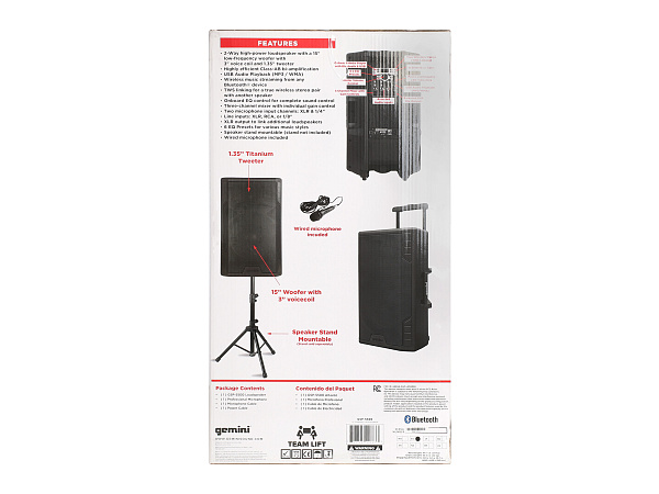 Акустическая система Gemini [GSP-5500] Активная, 2-х полосная, RMS/Peak 550/2200 Вт, АЧХ 40-20000 Гц, SPL 126 дБ, 15" ВЧ, 1,35" ВЧ, вх.: (2) XLR Mic, (2) 1/4" TRS Mic, 1/8” TRS AUX, RCA (L/R) AUX, XLR, вых.: XLR Mix, USB, SD, FM, Bluetooth