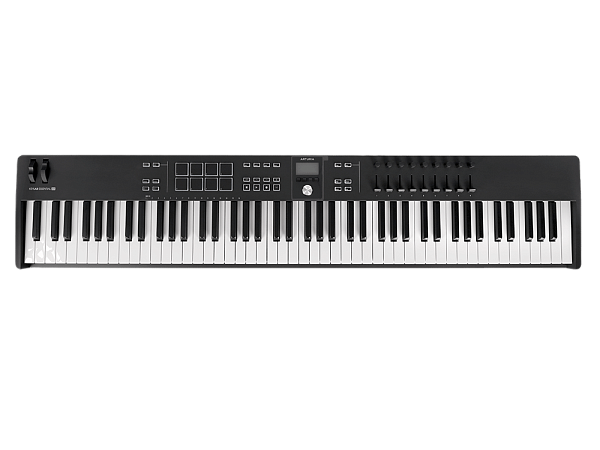 MIDI клавиатура [231542] Arturia [KeyLab Essential 88 mk3 Black] 88 клавиш, LCD дисплей, 9 энкодеров, 8 пэдов, 9 фейдеров, 12 кнопок управления, колеса высоты тона и модуляции, 1/4" Jack вход для педали, MIDI выход, Type-C