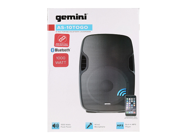 Акустическая система Gemini [AS-10TOGO] Активная, 2-х полосная, RMS/Peak 300/1000 Вт, АЧХ 55-20000 Гц, SPL 100 дБ, 10" НЧ, 2,5" ВЧ, входы: RCA (L/R) AUX, 1/8" TRS AUX, 1/4" TS микр., 1/4" TS гитар., выходы: RCA (L/R), USB, SD, Bluetooth