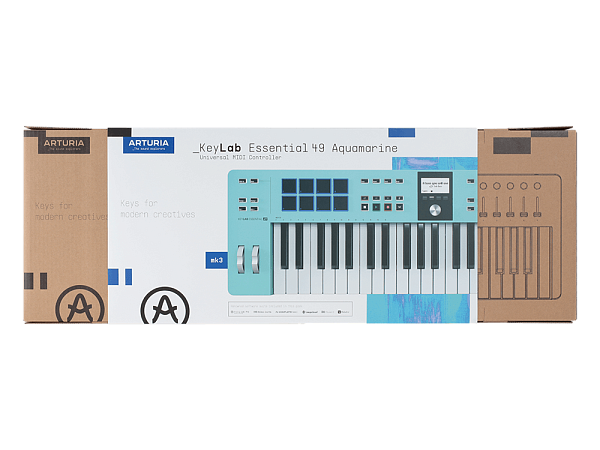 MIDI клавиатура [231524] Arturia [KeyLab Essential 49 mk3 Aquamarine] 49 клавиш, LCD дисплей, 9 энкодеров, 8 пэдов, 9 фейдеров, 12 кнопок управления, колеса высоты тона и модуляции, 1/4" Jack вход для педали, MIDI выход, Type-C