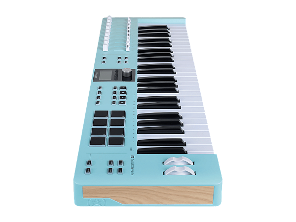 MIDI клавиатура [231524] Arturia [KeyLab Essential 49 mk3 Aquamarine] 49 клавиш, LCD дисплей, 9 энкодеров, 8 пэдов, 9 фейдеров, 12 кнопок управления, колеса высоты тона и модуляции, 1/4" Jack вход для педали, MIDI выход, Type-C