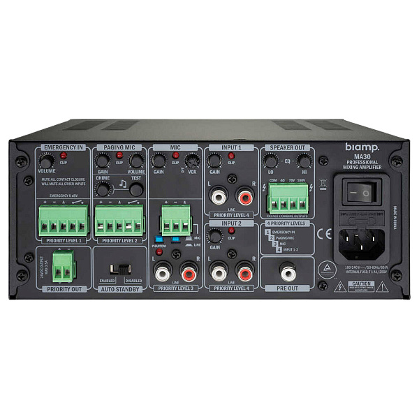 Усилитель BIAMP [MA30] (APART) микширующий: 30Вт (4Ом/100В). Вх.:2xEuroblock(3-pin); 2хRCA.1хприоритетный("сухие контакты").Вых.:1хEuroblock. 2U (Half-rack).