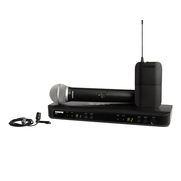 Микрофонная система SHURE [BLX1288E/CVL-M17] беспроводная, двухканальная, с ручным передатчиком PG58 и петличным микрофоном CVL-B/C. Частота UHF 662-686 МГц
