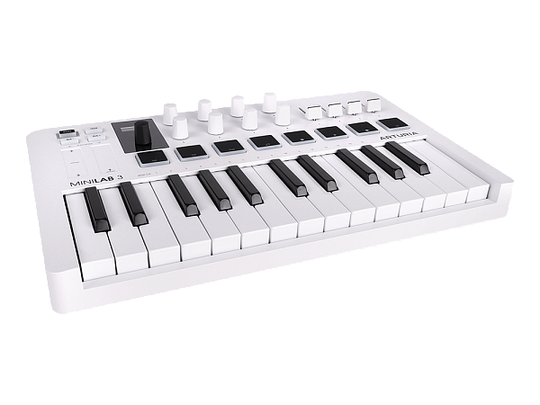 MIDI клавиатура [231501] Arturia [MiniLAB 3] 25 клавиш, 8 энкодеров, 8 RGB пэдов, 8 фейдеров, дисплей, сенсорные регуляторы Pitch/Modulation, MIDI-выход, 1/4" Jack вход педали, режим Chord, арпеджиатор, USB-C